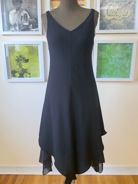 Vintage 90s Black Handkerchief Hem Cocktail Dress | Y2K Minimalist Midi Slip